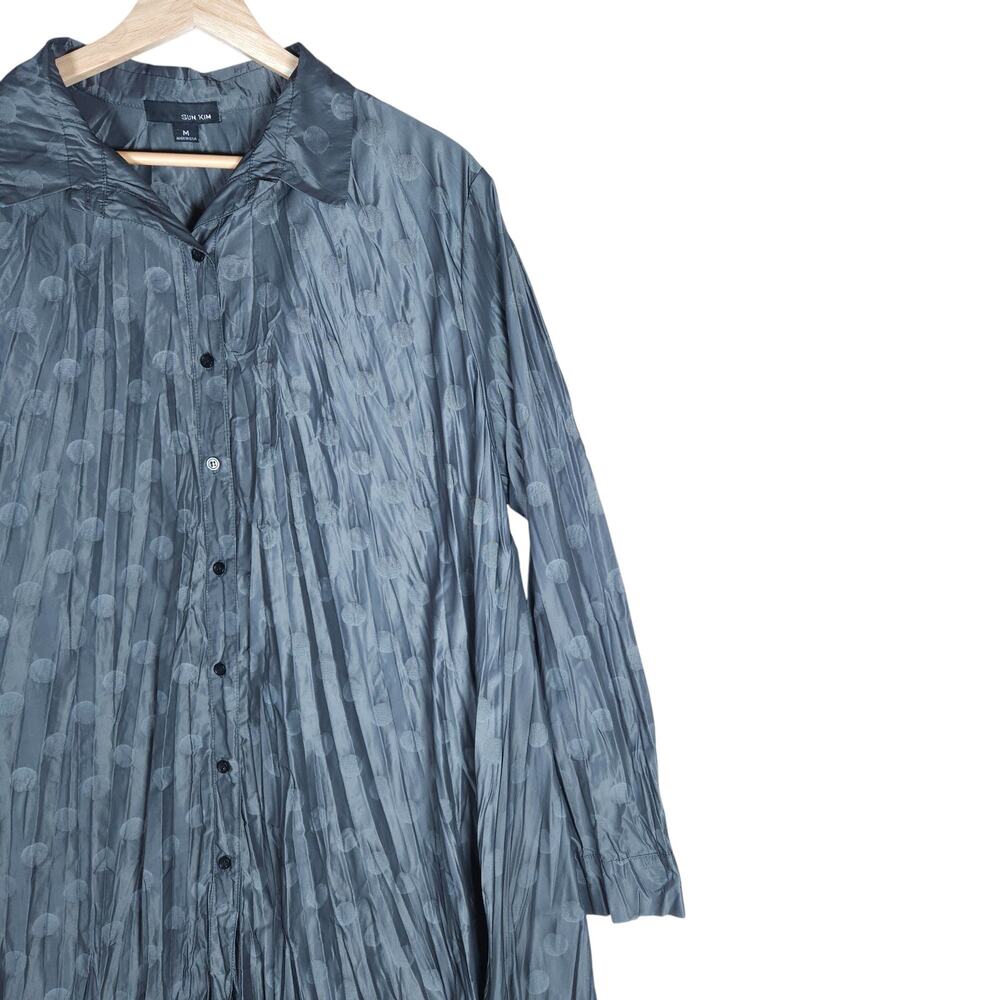 Sun Kim Tunic Jacket Medium Gray Pleated Polka Dot Button Down Artsy Boho Chic - Picture 2 of 13